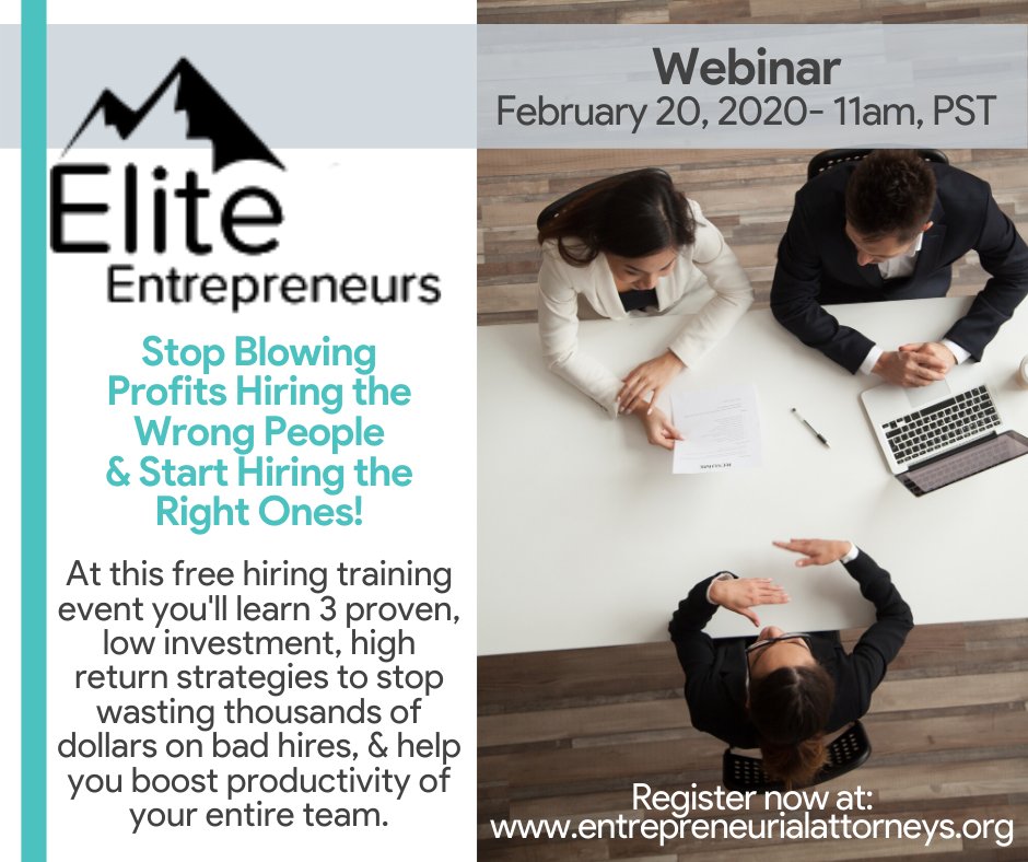 AEAttorneys's tweet photo. Next Thursday, February 20, 2020 at 11am PST, the AEA will be joined by Brett Gilliland, co-founder and CEO of Elite Entrepreneurs for an educational webinar on how to stop hiring the wrong people. Head to our site to sign up! #AEA #Elite #hiringprocess #webinar #efficiency https://t.co/zCtfHiFYKX