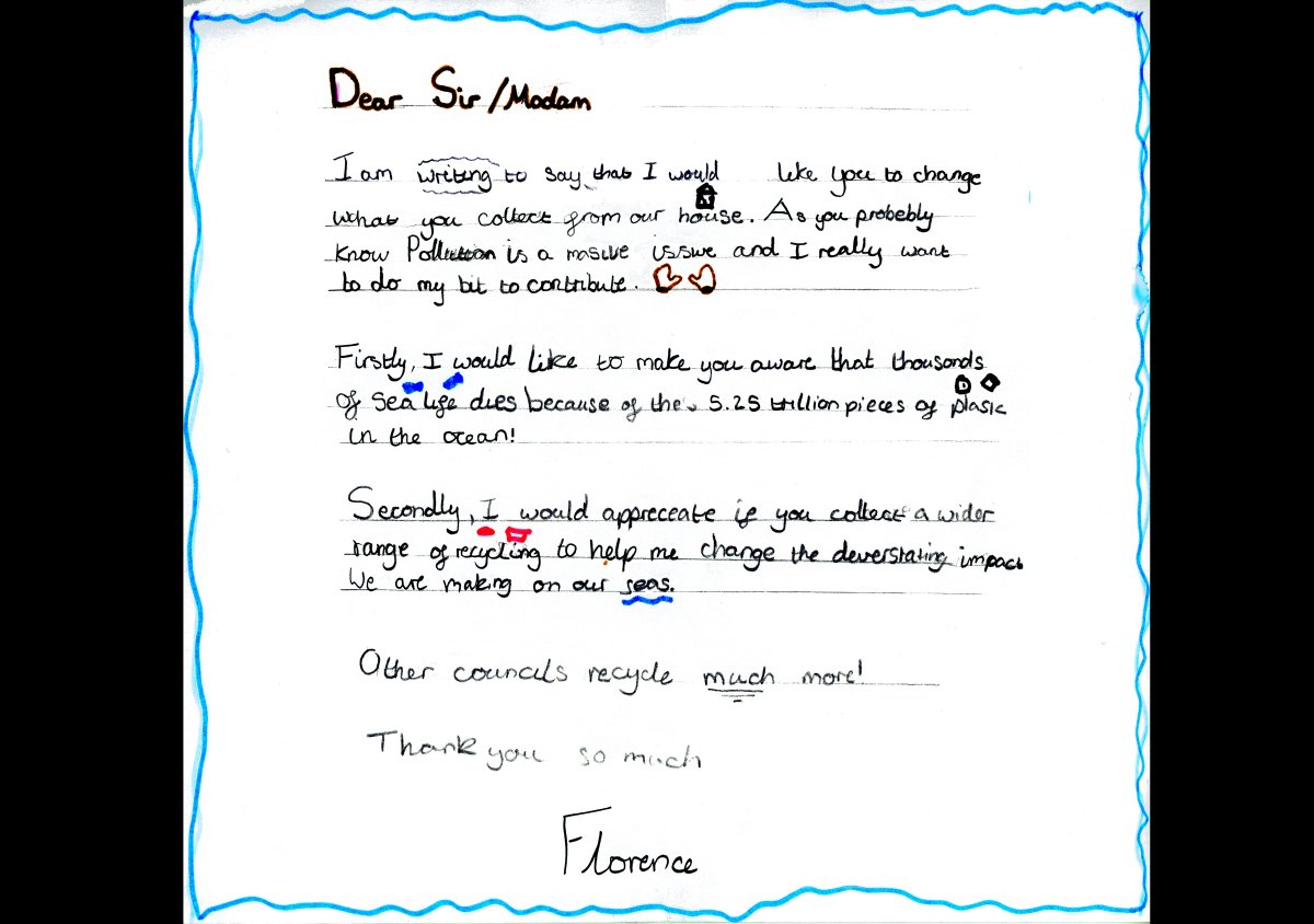 WestBerkshire's tweet photo. Can you help us find Florence?

Florence has written us this lovely letter sharing her thoughts about recycling and the environment. We really want to reply to Florence but unfortunately she hasn’t included her address. We hope Twitter can help us #FindFlorence! https://t.co/tSYGWdNcrR