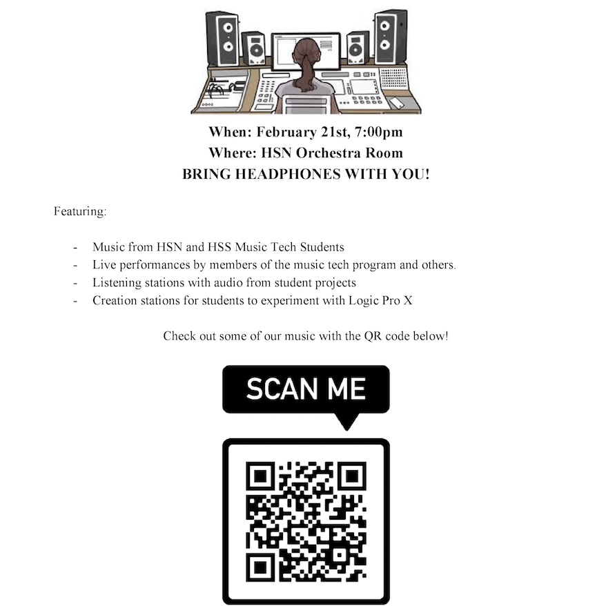 WWPMusicTech's tweet image. Come check out the 2020 WWP Music Tech Night featuring students from HSN &amp;amp; HSS. Click the flyer below for more information! The event is February 21st at 7:00pm in the HSN Orchestra room.