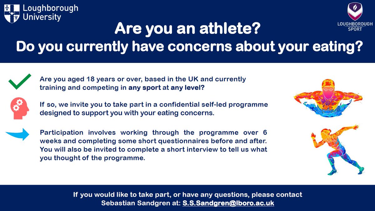 We invite any #athlete aged 18+ with #eating #concerns to take part in a new and confidential support programme ▶️▶️ For more information, please get in touch with Sebastian Sandgren📧S.S.Sandgren@lboro.ac.uk @LboroSSEHS @LboroSport @Lboro_LUCRED @A_S_Nutrition Please RT