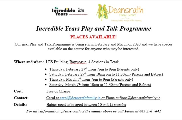 DeansrathCoderd's tweet image. Our Play and Talk Programme has spaces available for the upcoming sessions! ^_^ 

The programme will next be run in February of 2020, so to book a place or for information, please contact the Facebook page through private message, or email or call the contacts below &amp;lt;3