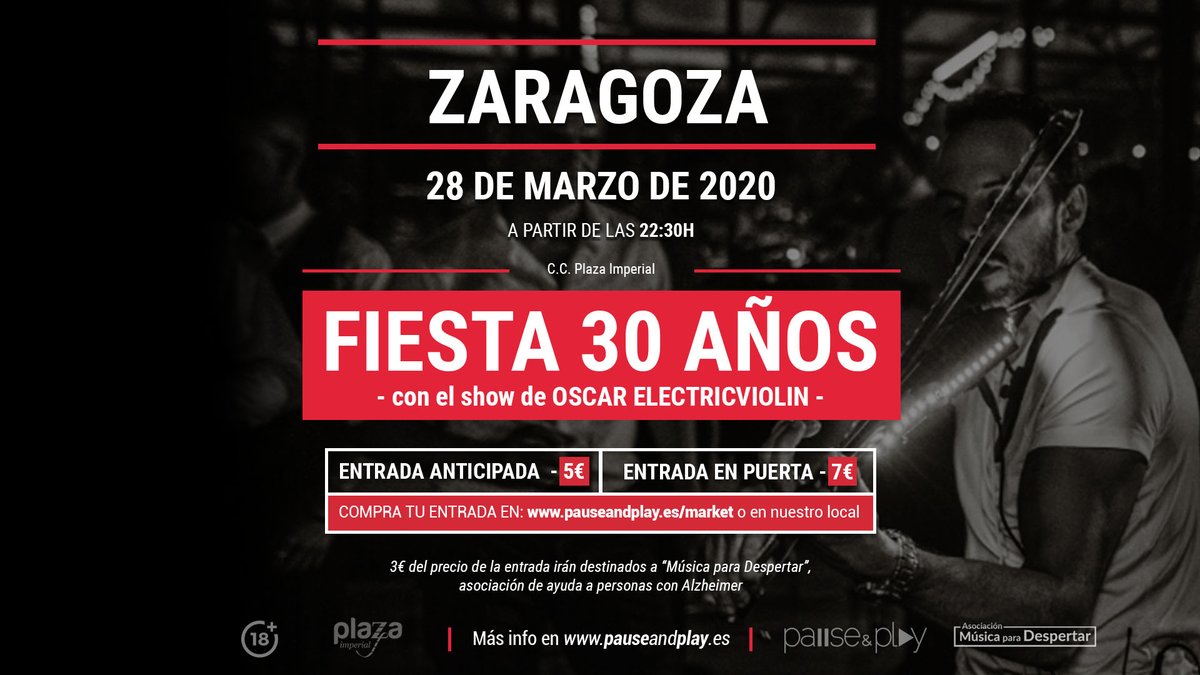 No te pierdas la fiesta 30 años de <a href="/pauseandplayes/">Pause&Play</a> <a href="/PlazaImperialCC/">PlazaImperial</a> 🤩

🎻 Actuación de Oscar Electricviolin
📆 28 de marzo - 22:30h 

Con tu entrada, donarás 3€ a favor de Música para Despertar, asociación de ayuda a personas con Alzheimer

🔗 bit.ly/2UDTseu