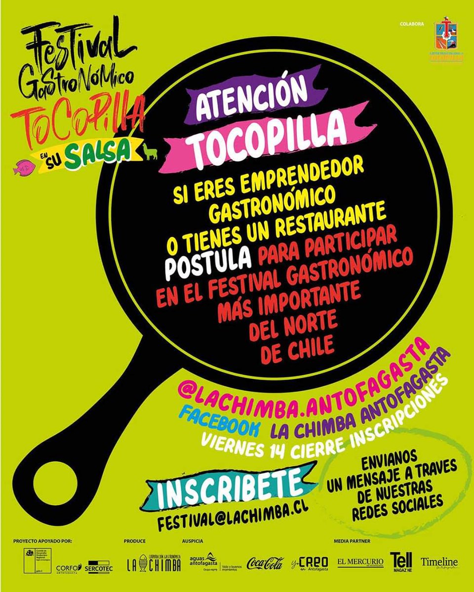 Atención #Tocopilla!!!
El 28 de febrero se realizará la primera versión de nuestro festival gastronómico participa!!! @munitocopilla @aguas_antof @jimepereyra @creoantofagasta @cocacola_cl @mercurioafta @tellmagazine @timeline_cl @corfochile @sercotec_cl @lachimba.antofagasta https://t.co/FJ2g1QRUdy