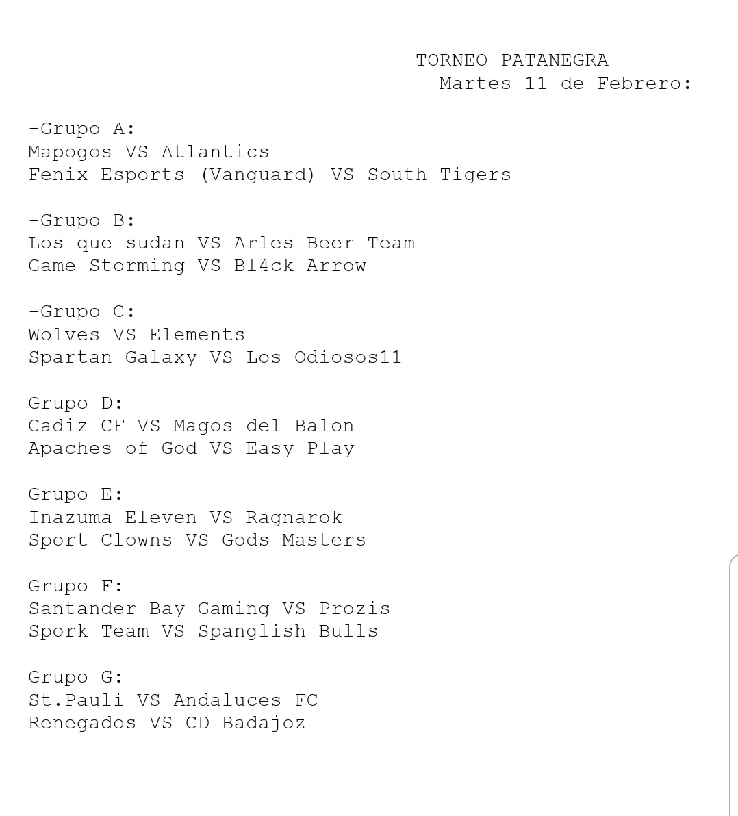 Enfrentamientos de la primera jornada del Torneo Patanegra