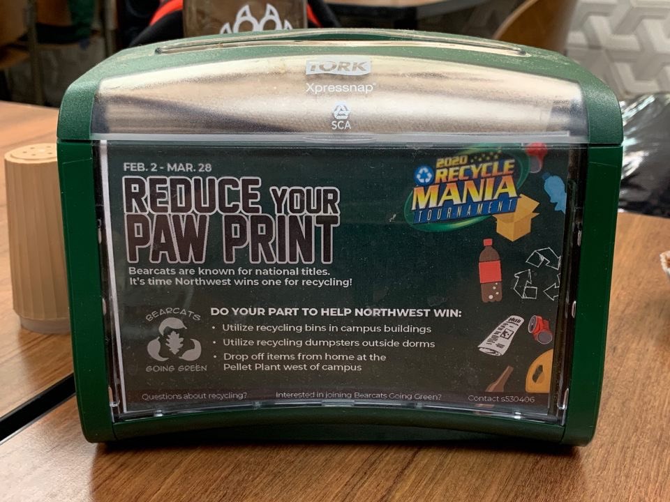 As week 2 of RecycleMania is underway, our Green Bearcats are busy placing signage in the Union! Do your part to contribute to Northwest’s success in this nationwide contest by recycling on campus or dropping items off at the Pellet Plant
#recyclemania
<a href="/NWMOSTATE/">Northwest Missouri State University</a>