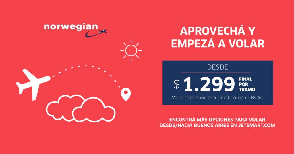 Recorré el país con tarifas desde $1.299 final por tramo. Conocé tu próximo destino entrando en la web de Norwegian norwegian.com/ar y encontrá más opciones ingresando en la web de JetSMART ✈