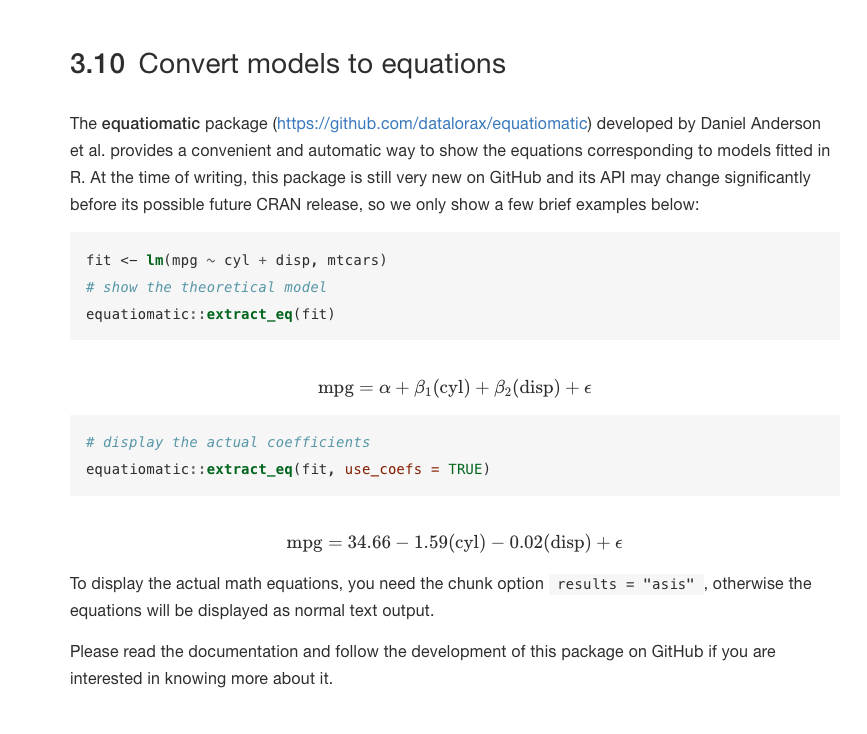 datalorax_'s tweet photo. Wow! Was just made aware that my equatiomatic #rstats package with @andrewheiss and @jrosenberg6432 has a little shoutout in @xieyihui's new R Markdown book! https://t.co/yub0hkRbC1 https://t.co/uL0VzXfD27