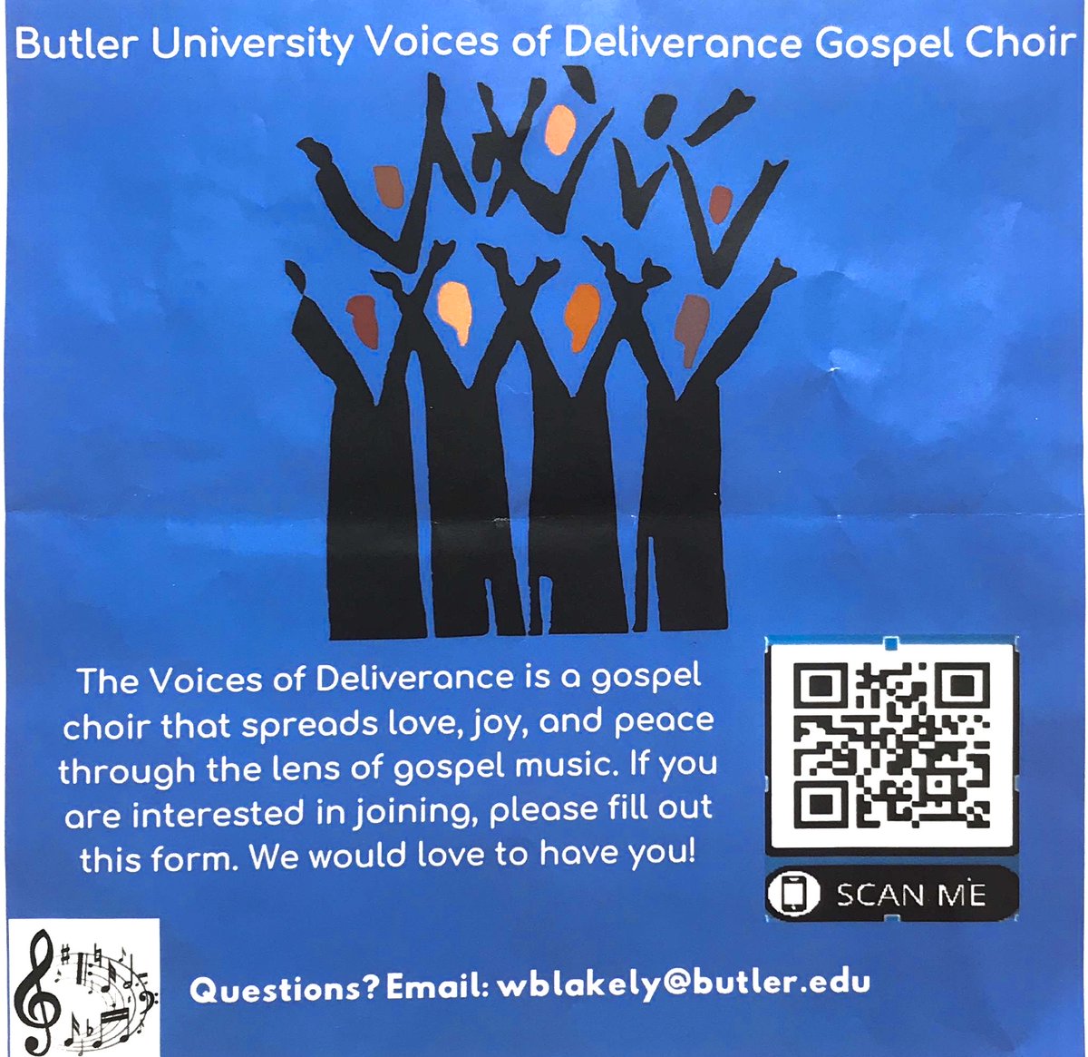 ButlerCFV's tweet image. Students, are you interested in joining a gospel choir on campus? Email wblakey@butler.edu for more information about Voices of Deliverance!