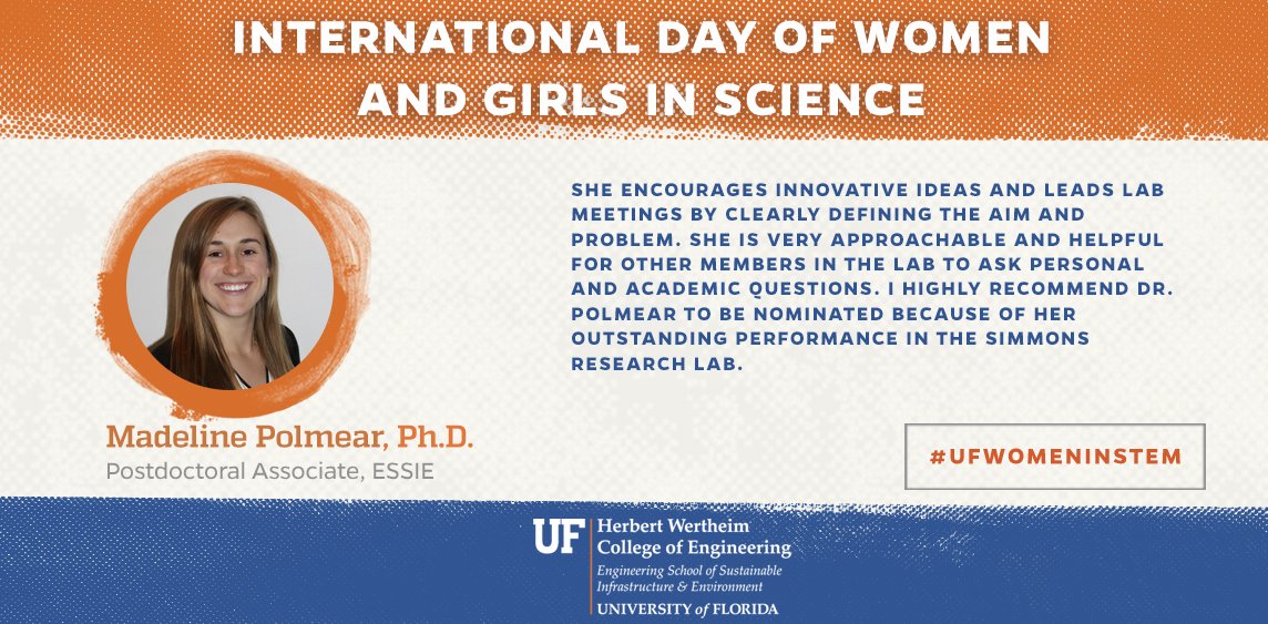 essie_uf's tweet photo. ESSIE Postdoctoral Associate Madeline Polmear, Ph.D., was nominated because of her innovative ideas and outstanding performance in the @Simmons_Lab. #UFWomenInStem #WomenInScience

@UFWertheim https://t.co/dtNfxKxwgl