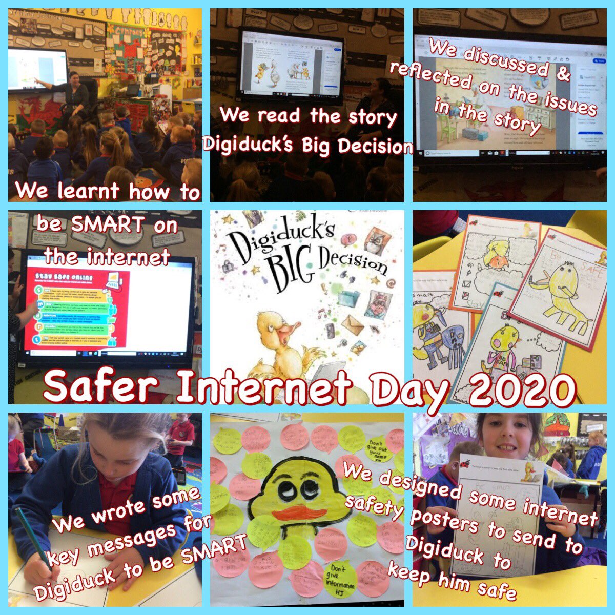 PPS_Seren's tweet image. Learning lots about how to keep safe on the internet &amp;amp; be SMART for #SaferInternetDay2020 Dosbarth Seren loved the story Digiduck’s Big Decision &amp;amp; wrote some messages &amp;amp; designed posters to help @Phip_Primary #phipict @CaerphillyCBC @EAS_Digital 💻📱