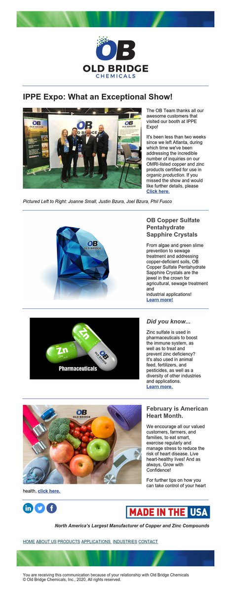 OldBridgeChem's tweet photo. Our latest OB Update #newsletter features February LOVE!
IPPE Expo: What an Exceptional Show!
#Copper Sulfate Pentahydrate Sapphire Crystals
#Zinc Sulfate for Pharmaceuticals
@American_Heart Month
Read more! https://t.co/UlmabPMQ5O https://t.co/WdLwTQTlZr