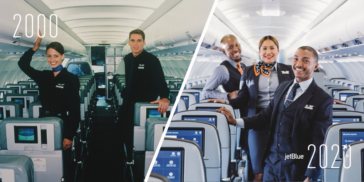 JetBlue's tweet photo. Our Spring/Summer 2020 crewmember collection looks a lot different from Spring/Summer 2000. #JetBlue20 https://t.co/Dn7VvAg4ea