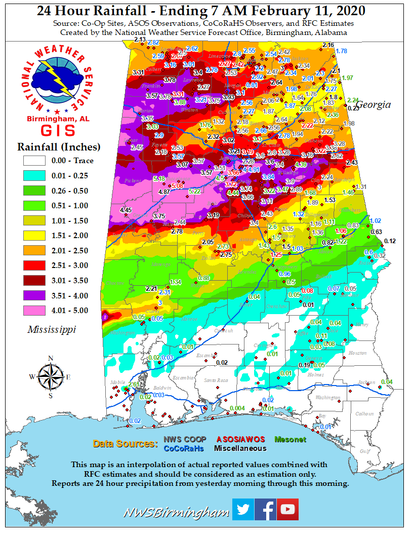 24 hour rain totals across Alabama…