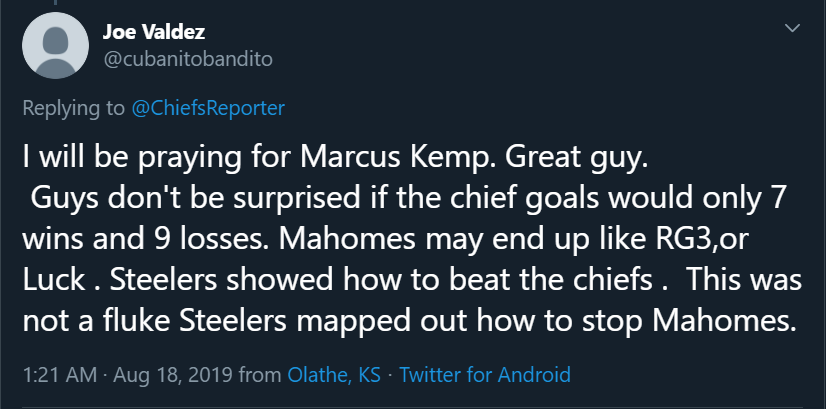 Submission by  @BigRybowskii.Friendly reminder that Mahomes threw 6 TDs and 0 INTs against the  #Steelers in 2018. Or he's talking about the 2019 preseason game. 