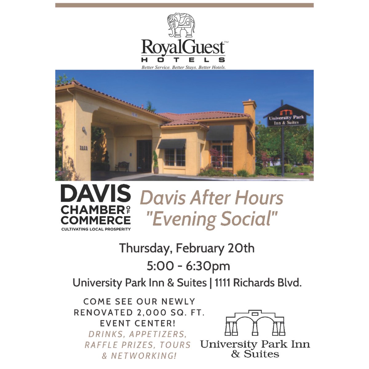Join Royal Guest Hotels at the newly renovated University Park Inn &amp; Suites for the February 20th Davis After Hours “Evening Social”!