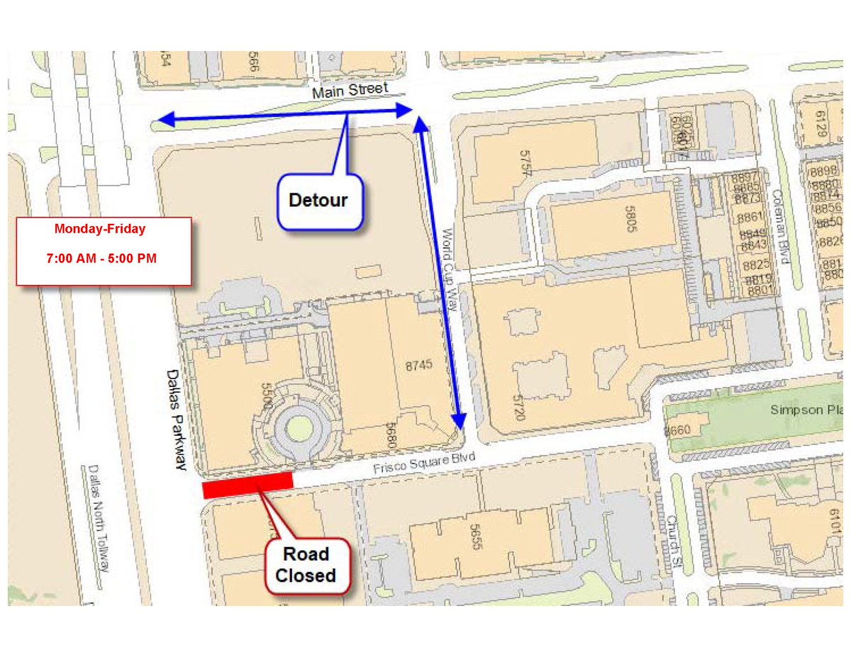 CityOfFriscoTx's tweet photo. 🚧 Frisco Square Blvd will be closed daily from 7 a.m. to  5 p.m. at Dallas Pkwy for 3 wks starting Wed, Feb 12 to facilitate construction of the pedestrian skybridge over the roadway. Drivers can use World Cup Way and Main St as an alternate route to and from Dallas Pkwy. https://t.co/SEbRSlWS1k