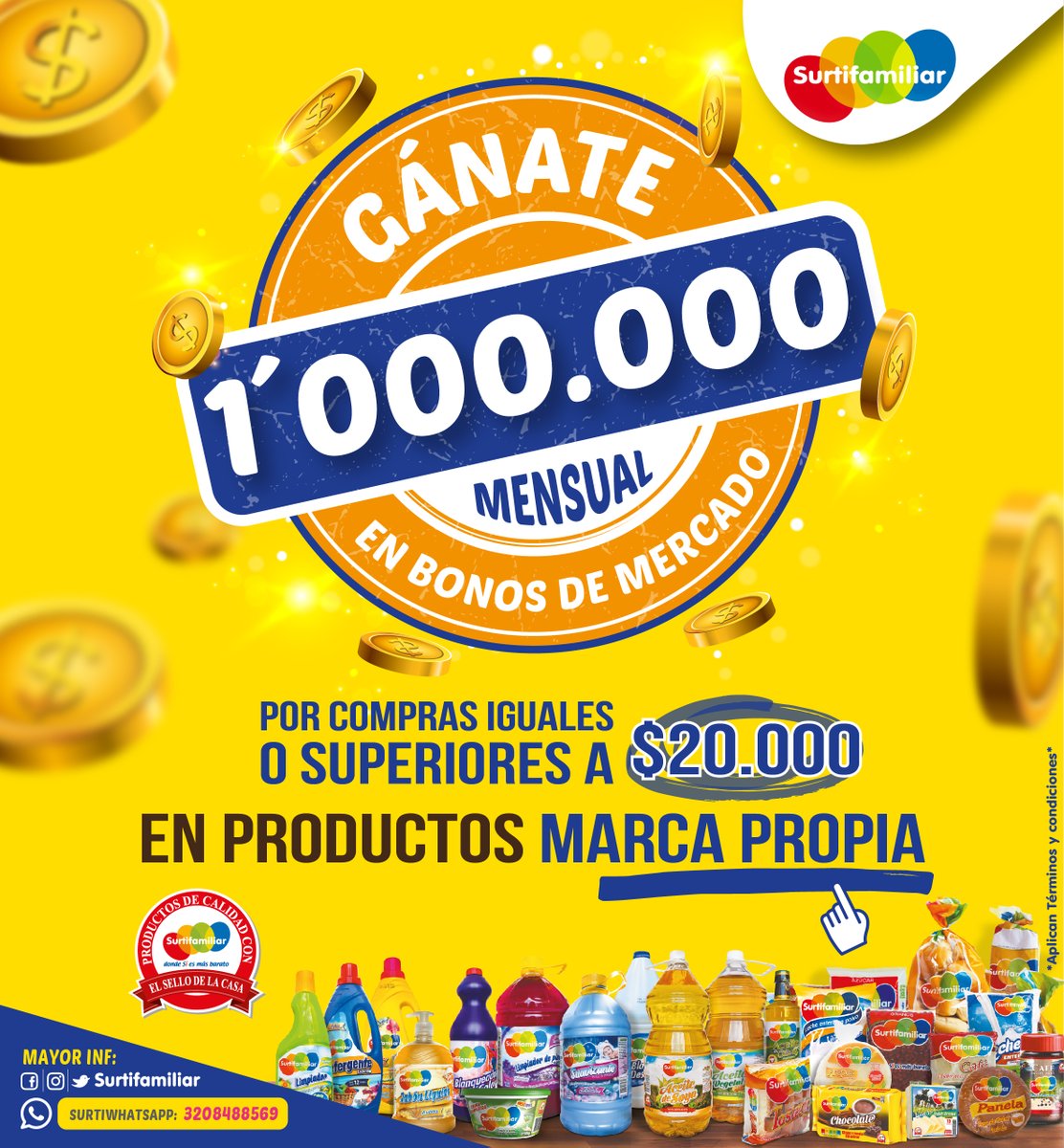 💰GÁNATE $1´000.000 EN BONOS DE MERCADO 🛒 !
Recuerda que por compras iguales o superiores a $20.000 en los productos 🤩MARCA PROPIA🤩 ,tendrás la oportunidad de ganar $1´000.000 de pesos mensual, en Bonos de mercado.

🔰Mayor Información en nuestro
SURTIWHATSAPP
☎ 320 848 8569