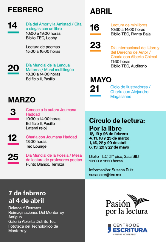 #CalendarioDeActividades en #CampusMonterrey #Semestre #FJ2020. ¡#Participa! #GaleríaAbierta #CitaACiegas #LenguaMaterna #Foro #Conferencias #Escritores #Ilustradores #Poesía #DerechosDeAutor #CírculosDeLectura #PasiónXLaLectura #CentrodeEscritura #ColeccionesEspeciales