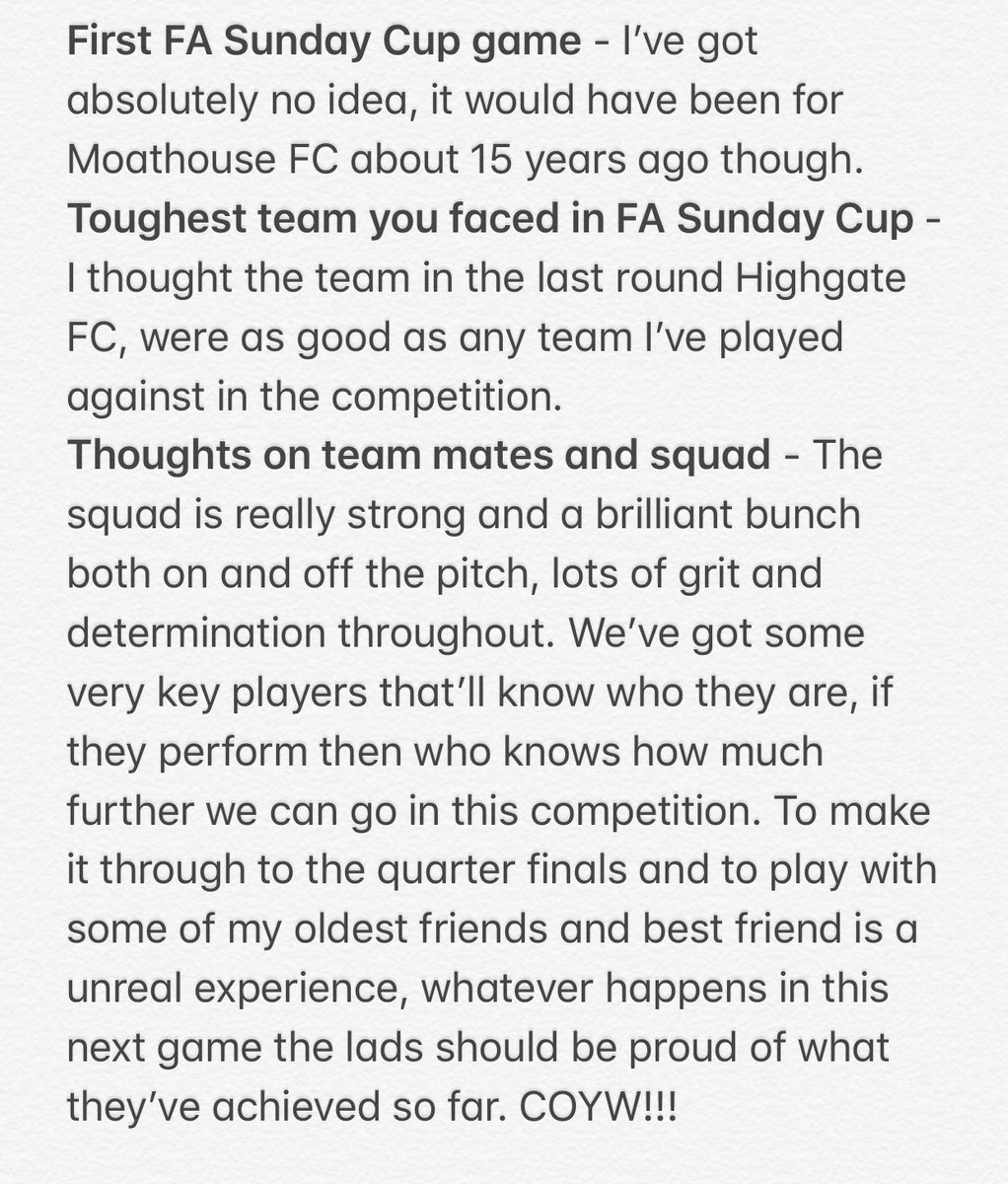 Get to know <a href="/WixamsW_Sunday/">Wixams Wanderers (Sunday)</a> captain and goalkeeper <a href="/RossTompkins01/">Ross Tompkins</a> 

‘To make it through to the quarter finals and to play with some of my oldest friends and best friend is a unreal experience’

#FASundayCup