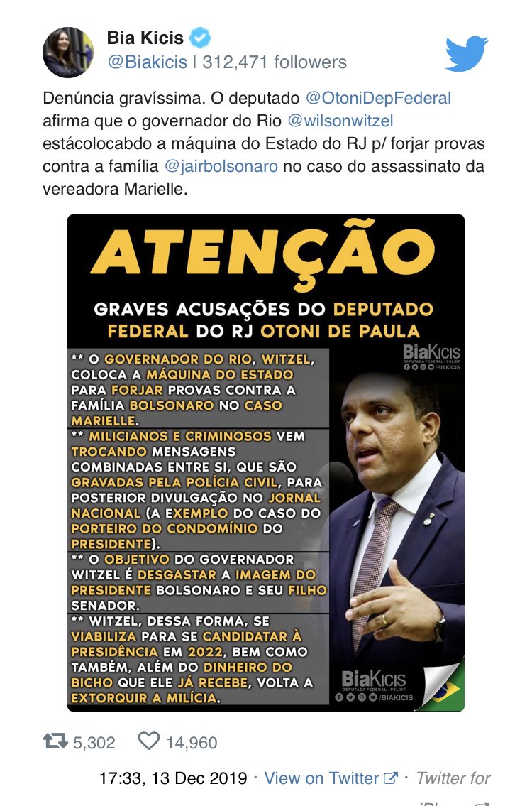 Bia Kicis, deputada, uma das mais fiéis aliadas de Bolsonaro e uma das mais folclóricas divulgadoras de mentiras do Twitter (pesquisar FARCs fake), também divulgou a informação: