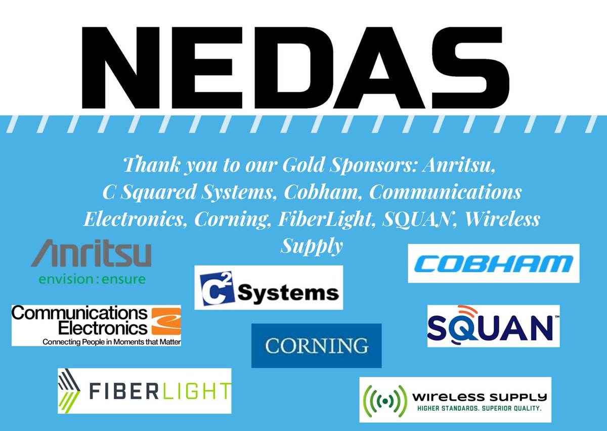 A very big shout out and thank you to our gold sponsors: @cobhamwireless, <a href="/Anritsu/">Anritsu Company</a>,<a href="/TalkCEI/">Communications Electronics</a>, <a href="/WirelessSupply/">Wireless Supply</a>, <a href="/Corning/">Corning Incorporated</a>, <a href="/CSquaredSystems/">C Squared Systems</a>, SQUAN, <a href="/FIBERLIGHT_LLC/">FiberLight, LLC</a>.  Thank you for your support.🙏 To learn about the benefits of sponsorship click here: ow.ly/WYGZ50yjIXK.