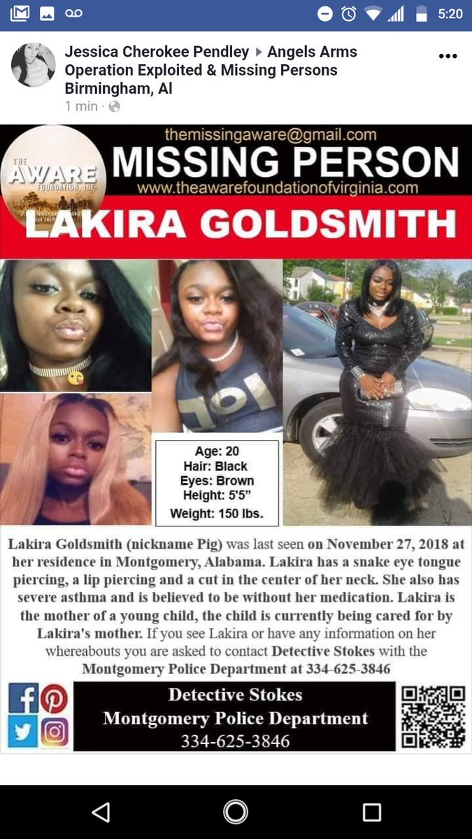 cheok33's tweet photo. #LakiraGoldSmith missing out of #Montgomery Alabama ! #TeamFindPigg #LakiraPiggGoldsmith #WhereIsLakira @tylerperry @theonlyazriel @khloekardashian @KimKardashian #gayleking #kobe #LLKJ #kennekajenkins #rkelly #broomchallenge #retweet https://t.co/0KeMoxN70m
