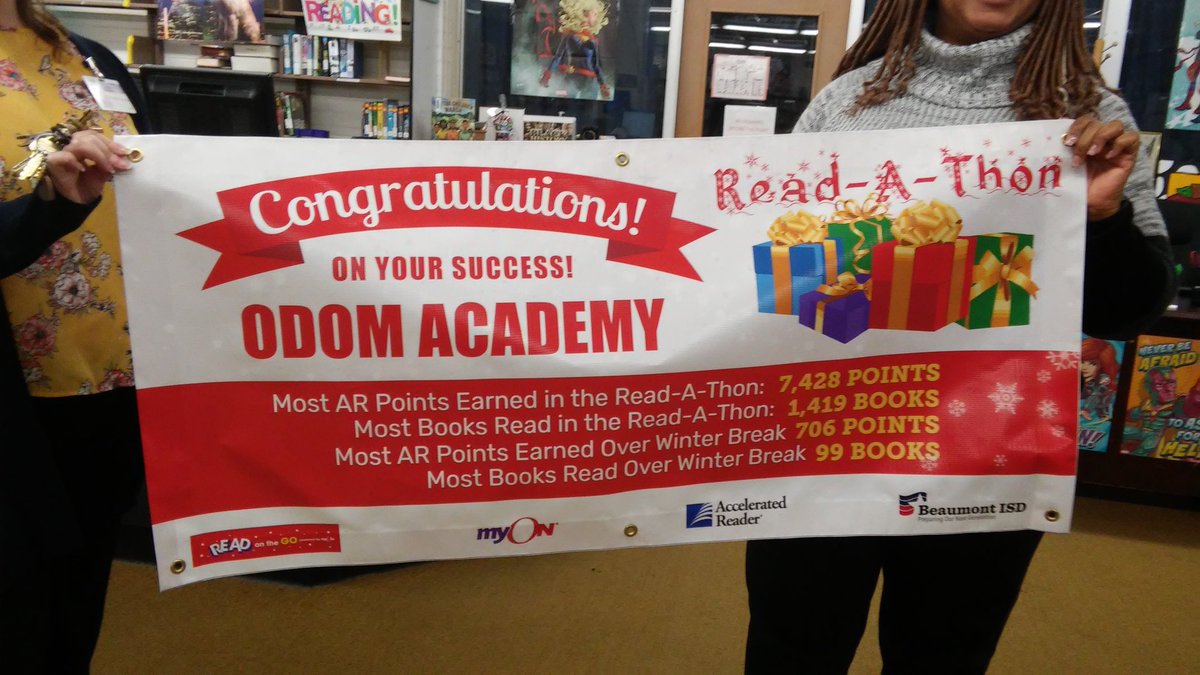 JennyAngelo1's tweet photo. Congratulations to Odom Academy  on their Winter Read-A-Thon achievement! 7,428 AR points earned from Dec. 9 to Jan. 8! #bmtisd https://t.co/1dWrS7XVAO