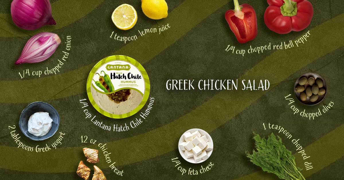 lantanafoods's tweet photo. Try this tasty Greek chicken salad recipe with our Hatch Chile Hummus, no mayo required. Save this picture for next time you're in the grocery store. #HumMMMmus https://t.co/KxF12WaYYz