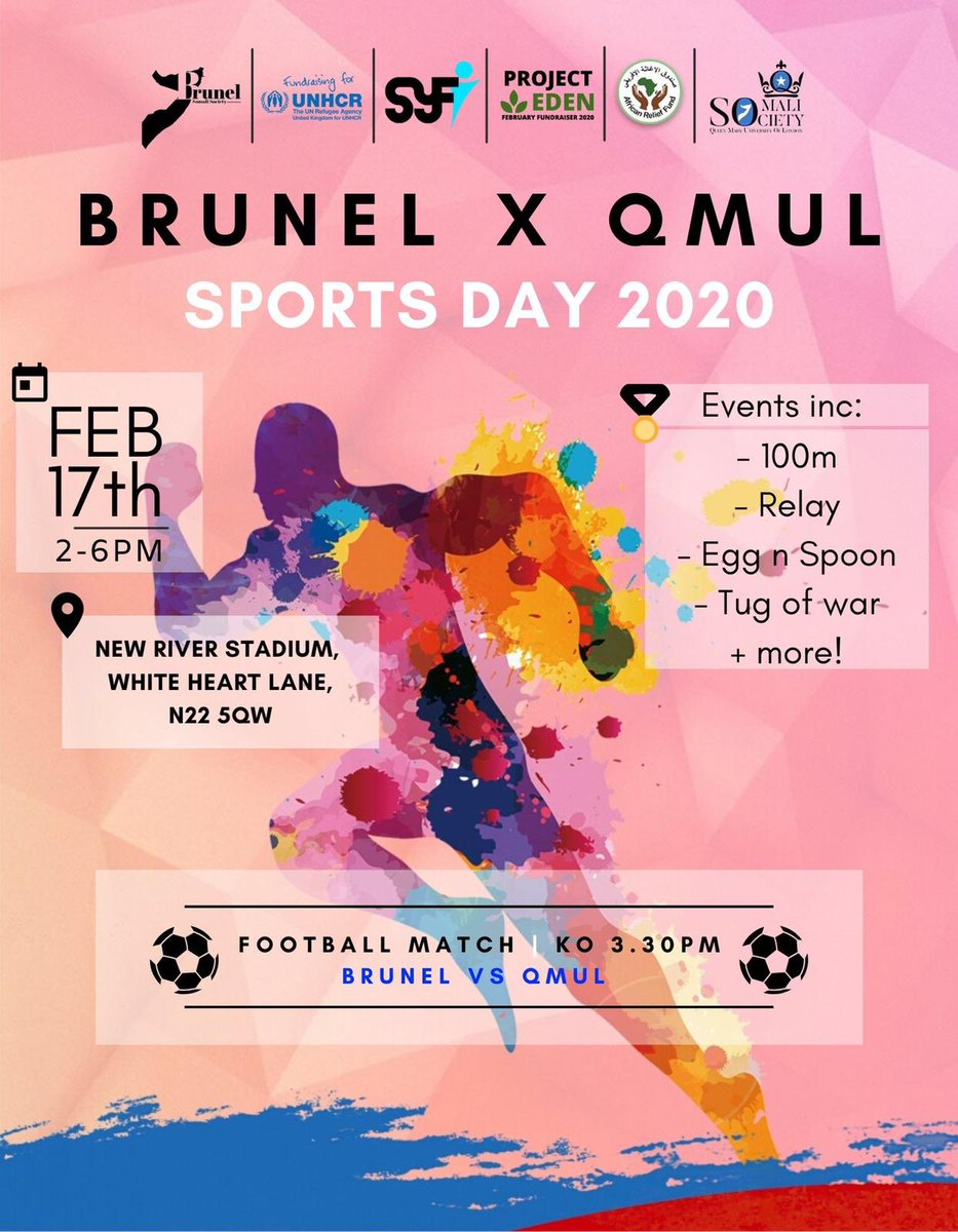 BrunelSomSoc's tweet photo. Join us next Monday for our very own Somali sports day‼️ Featuring a range of different games such as a dodgeball tournament, relay race and much more, culminating in an 11-a-side match between QM &amp; Brunel⚽️All proceedings going to charity 🙏🏾 https://t.co/FABY1D886m
