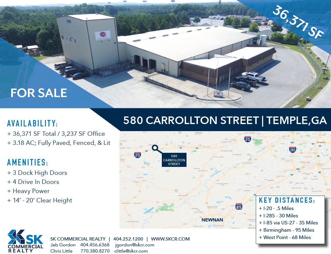 SKCRealty's tweet photo. #TOURITTUESDAY
580 Carrollton Street in Temple, GA features 36,371 total SF of manufacturing space #ForSale. For more information and to schedule a tour contact Jeb Gordon or Chris Little at 404.252.1200!
https://t.co/riIdkCOW4A
#commercialrealestate #SKCR #ATL #manufacturing https://t.co/eh2oT1ZlSd