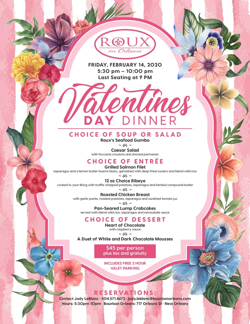 Valentine's Day is almost here! Have you made your plans yet? Celebrate at Roux on Orleans with the brand new Valentine's Day menu! #BourbonOrleansHotel