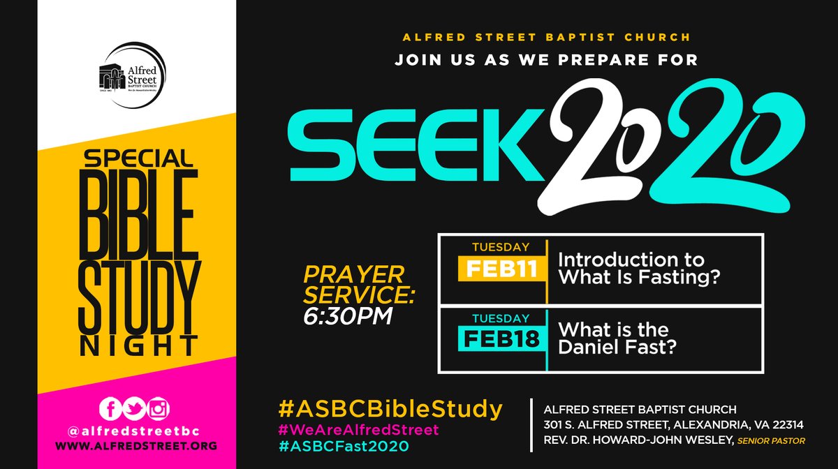 AlfredStreetBC's tweet photo. Join us @ 7pm for a Special Bible Study
Happening Tonight ~ Preparing for #Seek2020
Stream @ https://t.co/TFA2EMYgkL
Learn about the meaning and purpose of #FastingandPrayer
Prayer Time @ 6:30pm
#WeAreAlfredStreet
#faith #church #trust #prayer #fasting #ASBCFast2020 https://t.co/rlpX7SMBh9