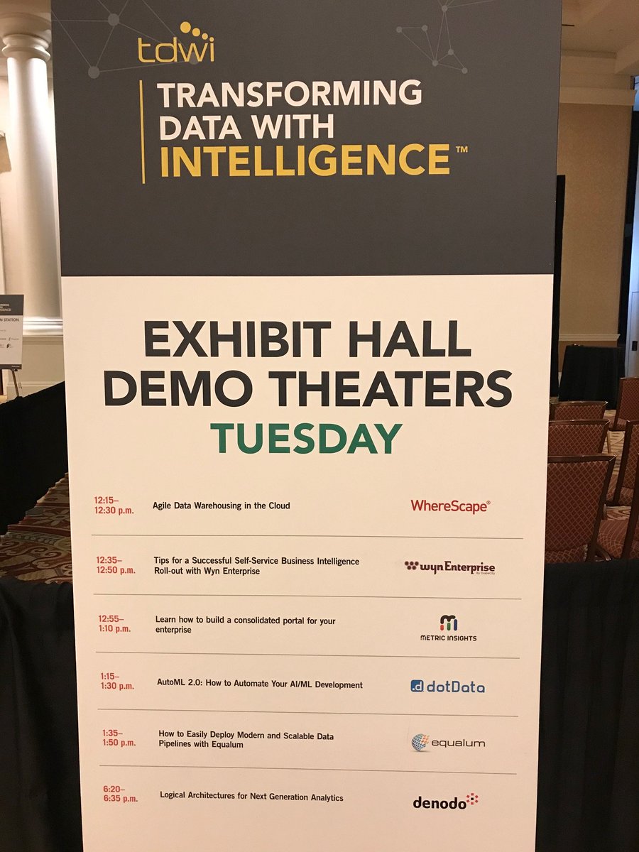 TDWI's tweet photo. The #TDWILasVegas #DemoTheater is starting up! Grab some popcorn & view demos by @wherescape @SolutionsWyn @MetricInsights @dotDataUS @Equalum during the lunch break! #DW #Businessintelligence #datascience #automation #PushIntelligence #realtimeanalytics #dataingestion https://t.co/Zgqux0f03Y