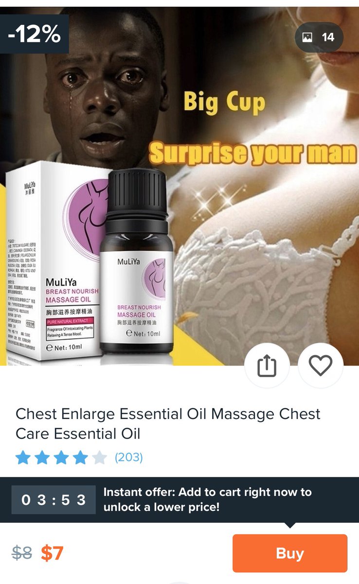 Heathen76's tweet photo. @JordanPeele Wow! Who knew that @WishShopping had a product that could help poor #ChrisWashington in #GetOut. Apparently, surprising your man with bigger breasts could save him. https://t.co/ss0ZkMMOYf