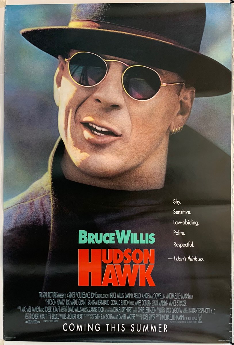 shortsweetcine's tweet photo. HUDSON HAWK(@MillCreekEnt)-#JoelSilver produced,solid action comedy is raised to hilarious cult status by the great @StevenEdeSouza & #DanielWaters' wild and witty screenplay.#BruceWillis,#DannyAiello & @AndieMacDowell3 are fantastic in this fun,near-parody of 80's action movies. https://t.co/pqsMZ1JITW