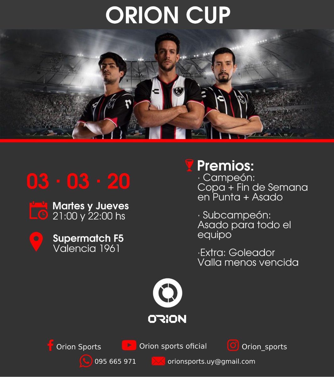 Nuestros amigos de Orion Sports te invitan al primer torneo de fútbol 5 del año.
Comienza el martes 3 de Marzo.
Aprovecha a vivir una experiencia única con los mejores terceros tiempos!
Toda la info por IG: orion_sports o por wpp al 098662224.