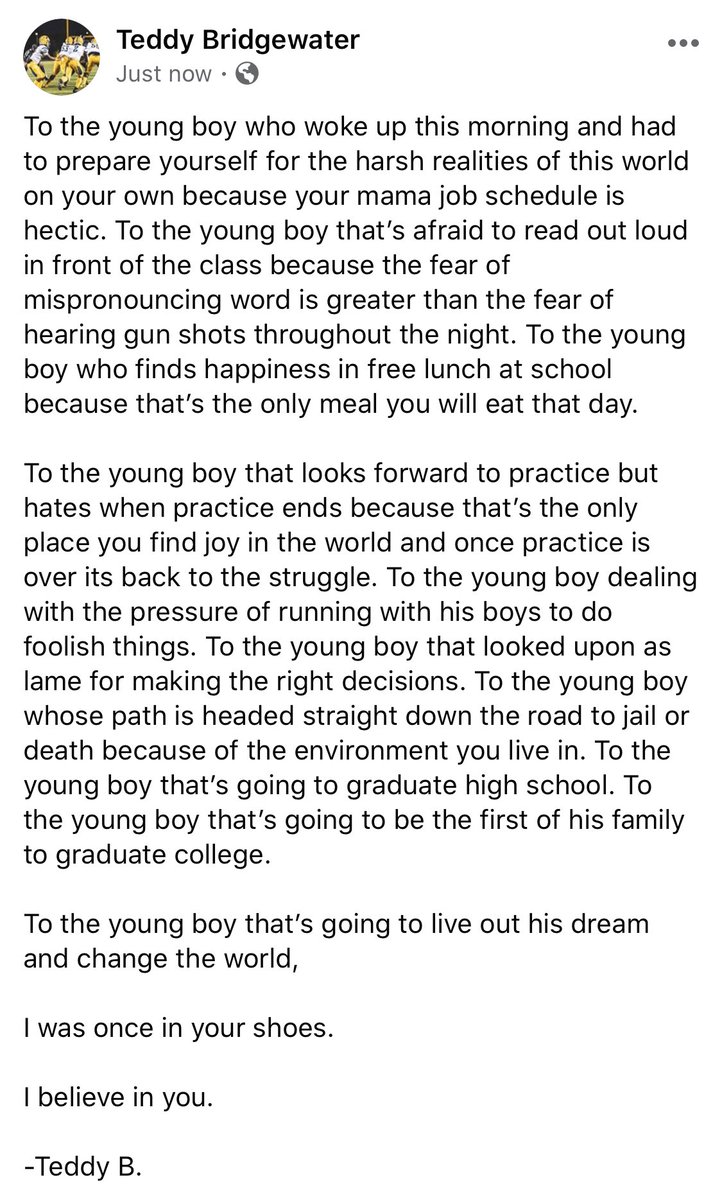 This message from <a href="/teddyb_h2o/">Teddy Bridgewater</a> is must-read.

Wow.