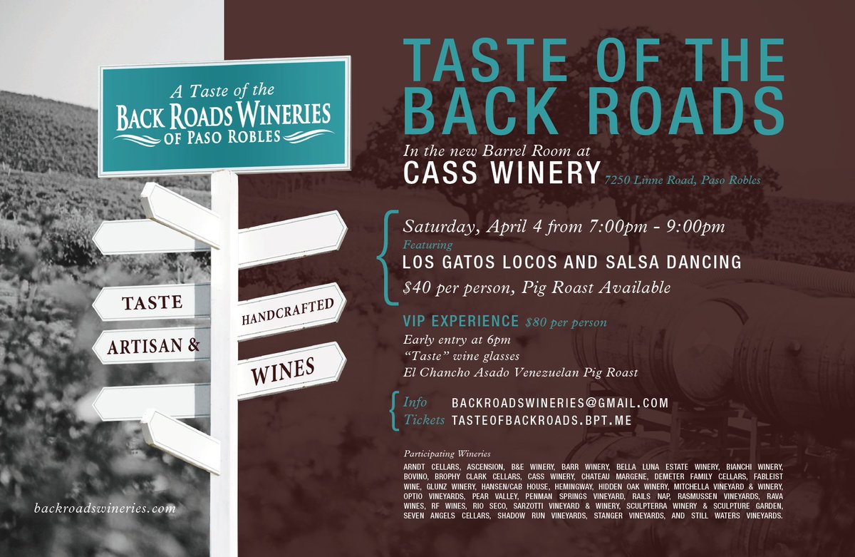 Early Bird pricing available for Taste of the Back Roads Grand Tasting 4/4 w/over 30 of Paso's best family owned wineries pouring a diverse selection of hand-crafted wines.
Music, dancing, pig roast round out the evening.
tasteofbackroads.bpt.me #winetasting #pasowine #travelpaso