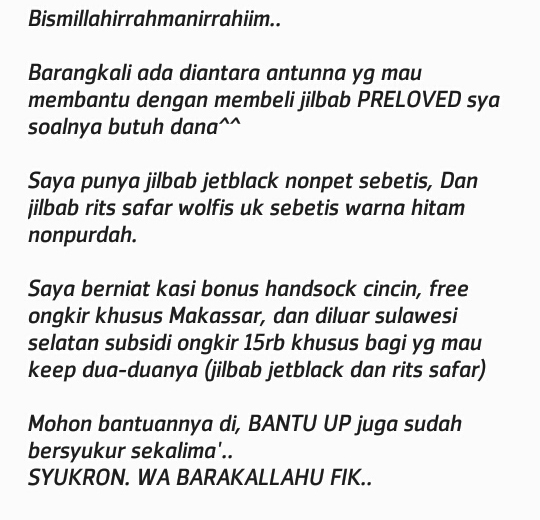 al_bugisiyyah's tweet photo. Bismillah.. Barangkali ada diantara antunna yg mau membantu ^^

Tanya-tanya langsung WA yaa 085355377913
Soalnya saya jarang aktif di Twitter..
Barakallahu fikum. https://t.co/OF5jdFW5P2
