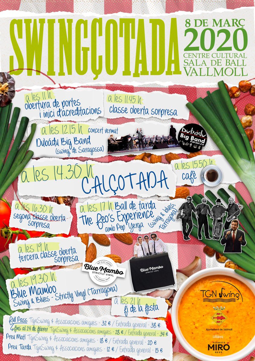 Obrim les inscripcions per la 7a. Swingçotada de Tgnswing. Amb la música en directe de dues bandes, DJ'S, classes obertes, Calçotada amb productes Km. 0 i molt més.  Com sempre hi ha Full-pass, entrades de matí i de tarda. 

ℹ️ Inscripcions: ow.ly/UxkK30qgWEo