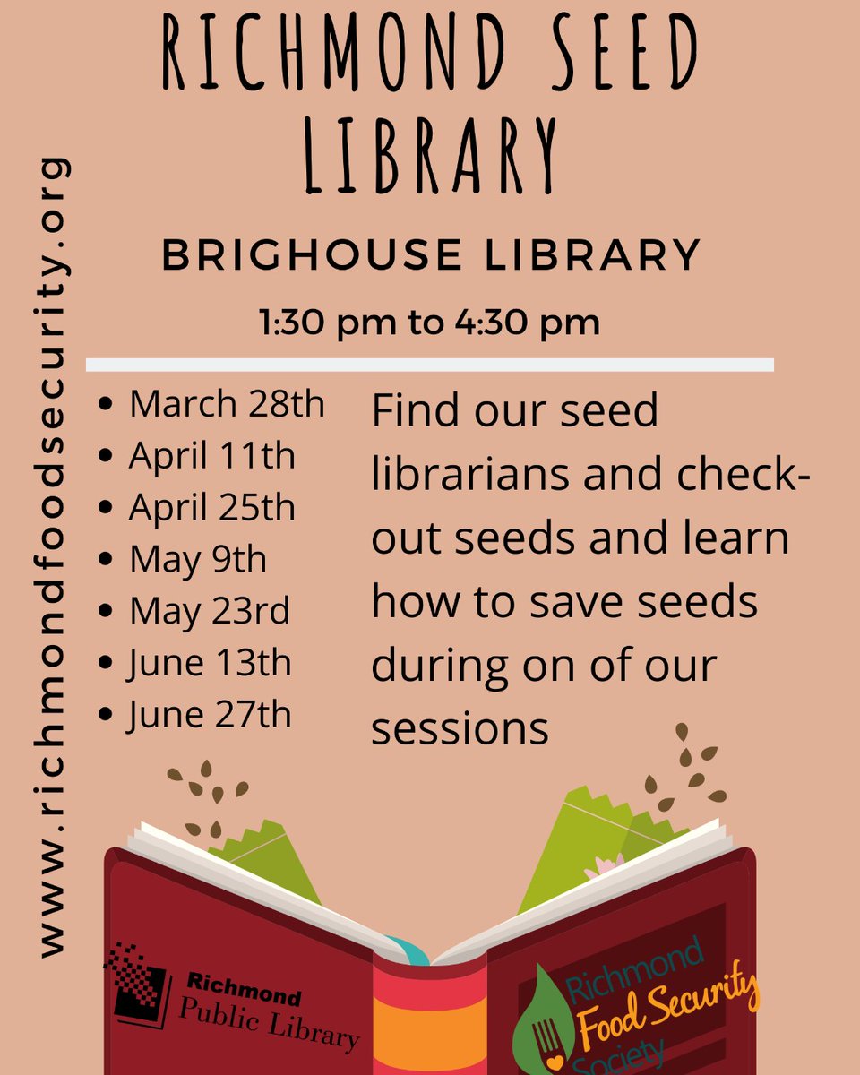 Our seed library 2020 season is about to kick off! Find the seed library and seed librarians in the Brighouse Library throughout the spring. Check-out some local seeds and learn how to save seeds.
richmondfoodsecurity.org/programs/seed-…