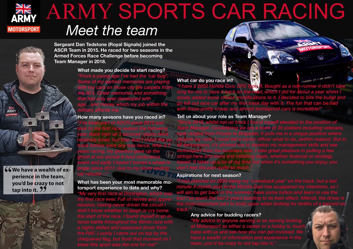 ArmySportsCar's tweet photo. Meet ASCR Team Manager Sgt Dan Tedstone in this week’s #meettheteam article. #britisharmysport #army #motorsport #honda #civictyper #afrc #ascr #armysportscarracing https://t.co/SLNudr1MP2