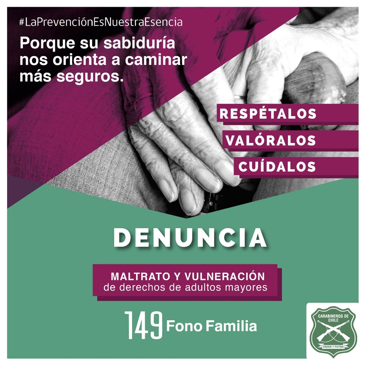 Nuestros adultos mayores merecen ser respetados, valorados y cuidados, por eso si observas un maltrato o vulneración de sus derechos, te instamos a denunciar al 149 de #Carabineros. #LaPrevenciónEsNuestraEsencia