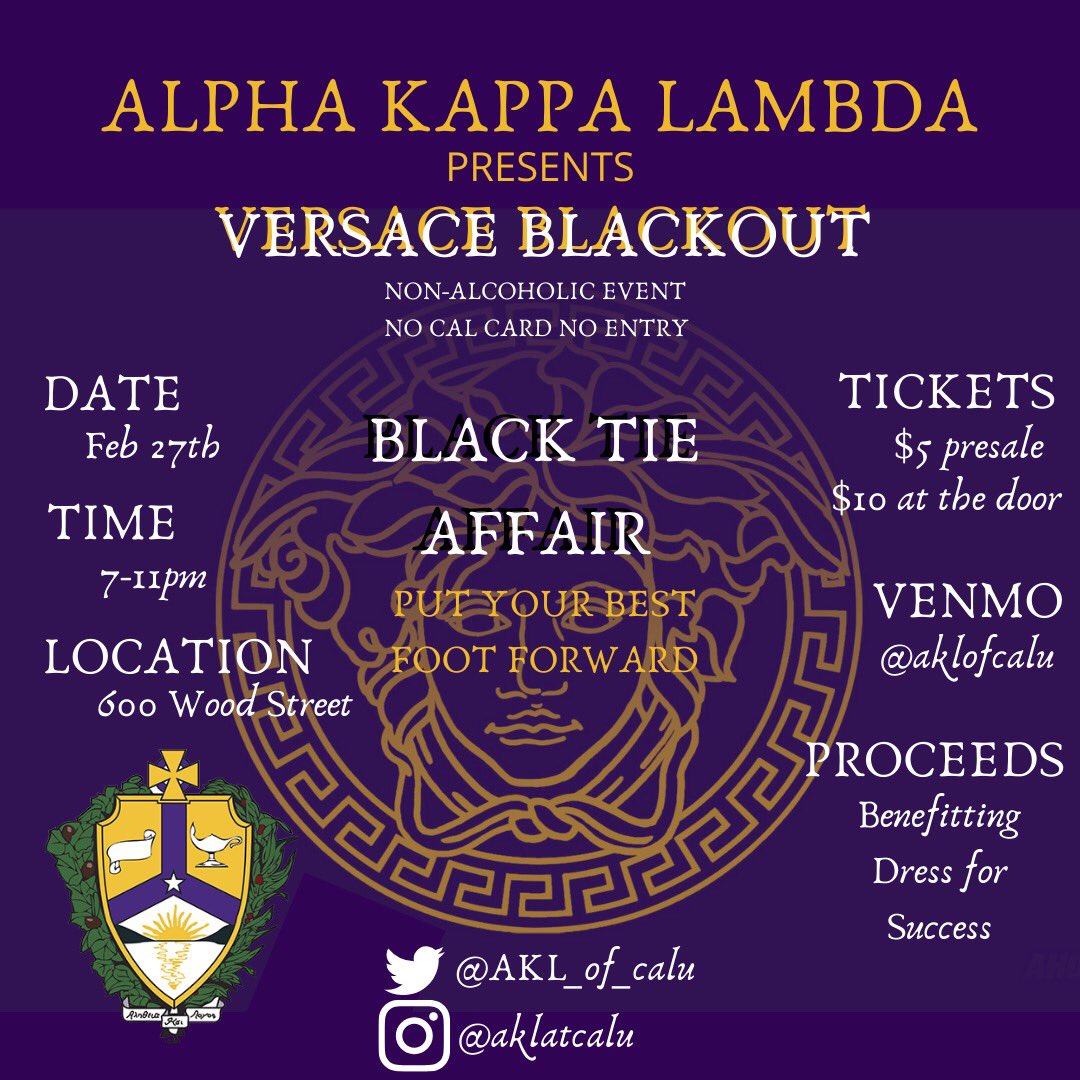 ‼️ANNOUNCING VERSACE BLACKOUT‼️A black tie affair benefitting Dress for Success. We are BEYOND excited for this and truly believe it’ll be our biggest to date. Tickets in the union next Tuesday &amp; Thursday 11am-1pm. Can’t wait to see you there 🕺💃😎