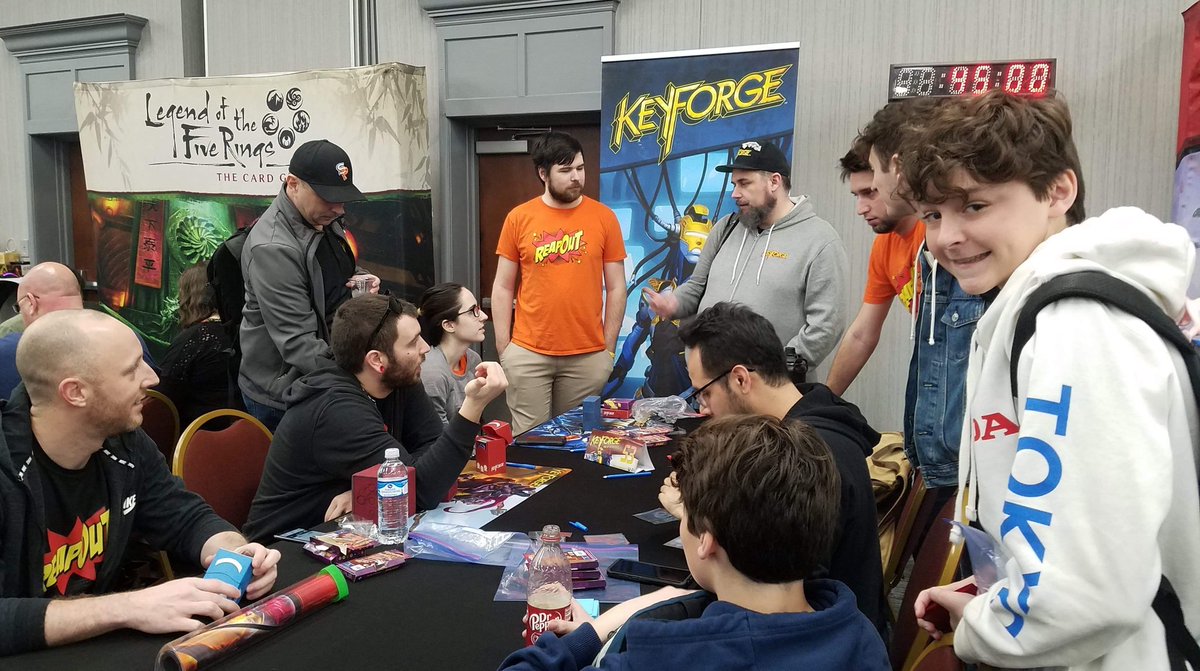 TeamReapout's tweet photo. Shout out to Charlie (in white) for being the youngest person to make day 2 at a keyforge vault tour,  as well as his twin brother Jack (in dark blue) who played well all weekend at 4-2 and Sean (in yellow) as he finish 12th barely missing the 11 person cut. #reapout https://t.co/dxoB8sn2Uz