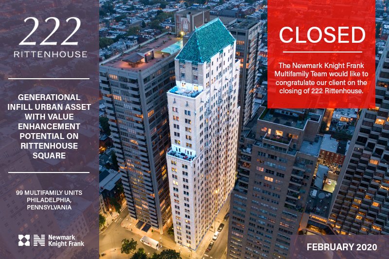 NKFPhillyMulti's tweet photo. Newmark Knight Frank's Philadelphia Multifamily team would like to congratulate our client on the closing of 222 Rittenhouse!

#nkfphillymulti #closed #multifamily #cre #philadelphia https://t.co/nT15Rk7nxe