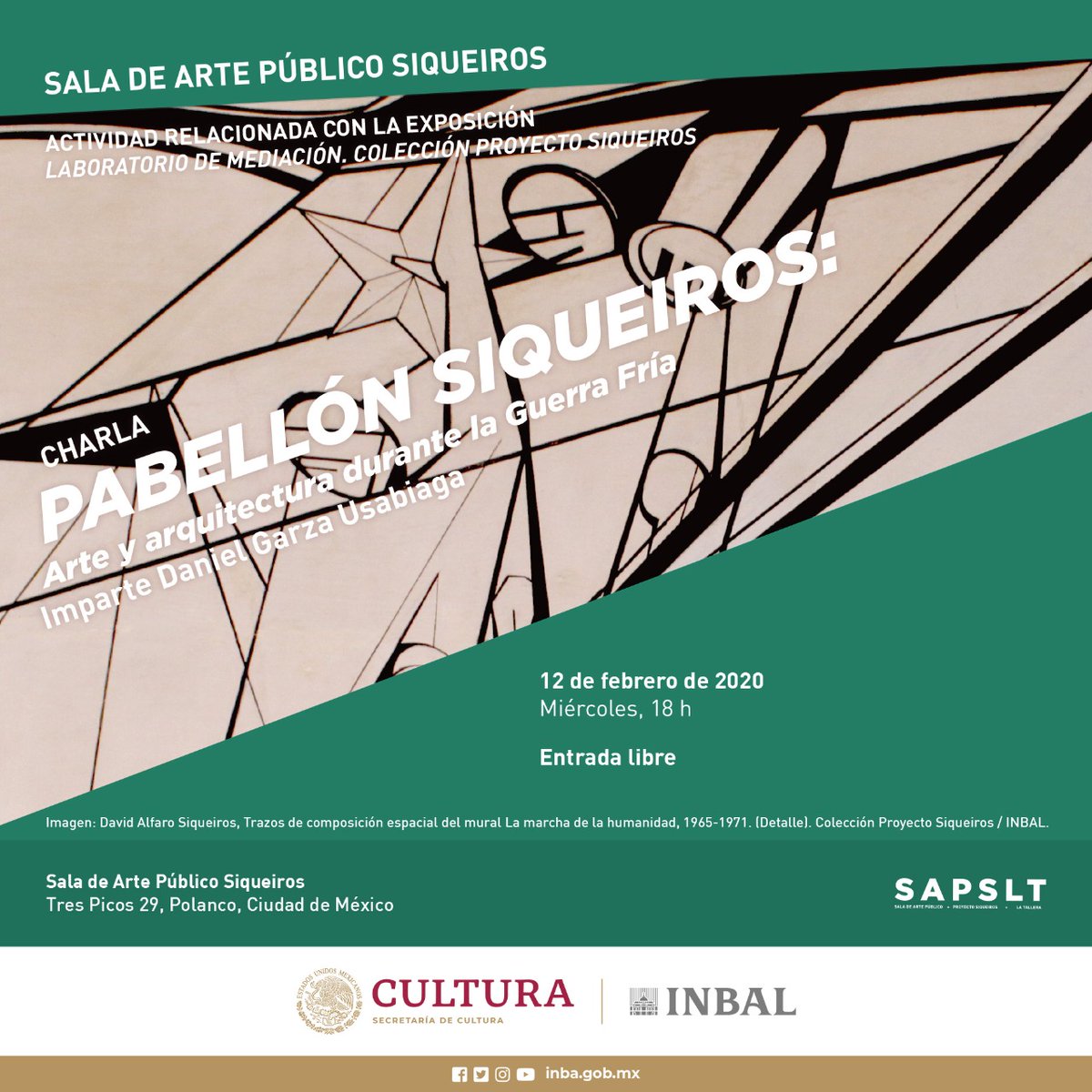 En la charla "Pabellón Siqueiros: arte y arquitectura durante la Guerra Fría", Daniel Garza Usabiaga expondrá  una lectura del proyecto del Polyforum Cultural Siqueiros. 

<a href="/SAPSiqueiros/">Sala de Arte Público Siqueiros</a> | Miércoles 12 de febrero | 18 h

Detalles: bit.ly/39pG5CB