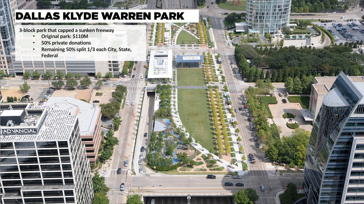 Dallas' Klyde Warren Park is a three-block park above a main highway in the downtown core. This park reconnected the street grid and increased adjacent property values.

Discover how the <a href="/RiverfrontICT/">Riverfront Legacy Master Plan</a> recommendations would reintroduce the street grid at bit.ly/FinalRecommend….