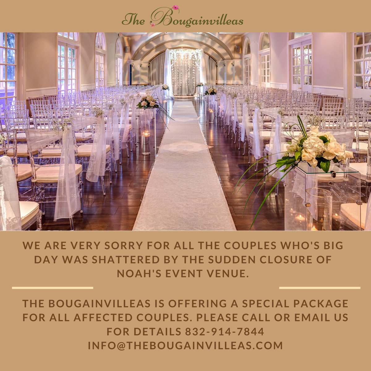 U r not alone! We r here to help u if u’ve been affected by the closure of #NoahsEventVenue

#TheBougainvilleasHouston #EventVenue #HoustonBrides #HoustonCouples #HoustonGrooms #NoahsKaty #NoahsClosure #WeddingDisasterAverted  #WilliamBowser #WeddingVenue #NoahsEventVenue