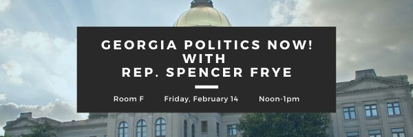 ACSatUGA's tweet photo. Join us this Friday, February 14 from noon-1pm in room F at UGA Law for a discussion with Spencer Frye, our Athens representative in the Georgia House, about the current legislative session and the future of politics in Georgia. https://t.co/vZxT6H0NAq